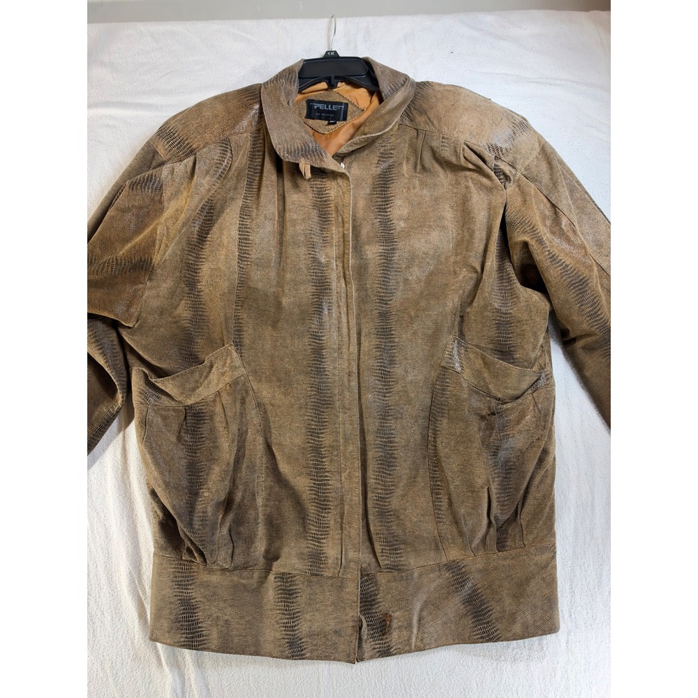 Vintage Pelle New York Milano Snakeskin Embossed Leather Bomber Jacket Tan Brown